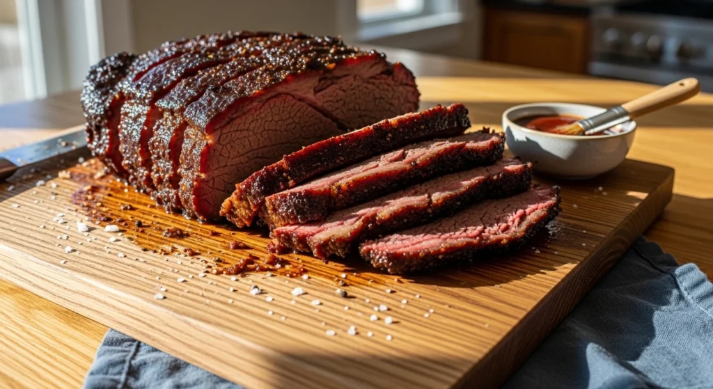 A beautifully lit photograph of a juicy, dark-crusted oven baked beef brisket sliced against the grain on a wooden cutting board, surrounded by coarse salt and a small bowl of BBQ sauce in a sunlit kitchen.