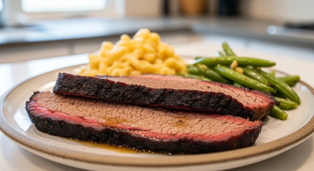 A perfectly plated serving of tender oven baked beef brisket slices showcasing a dark bark and juicy interior, served alongside creamy macaroni and cheese and fresh green beans on a white plate.
