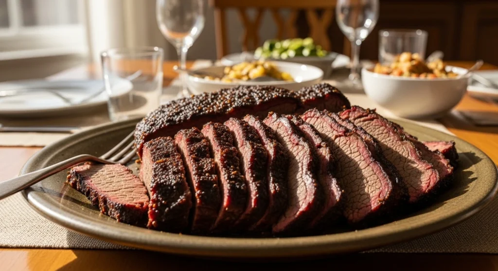 A large rustic stoneware serving platter heaped with succulent, fanned-out slices of oven baked beef brisket resting on a warm, inviting family dinner table surrounded by side dishes and glasses.