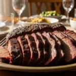 A large rustic stoneware serving platter heaped with succulent, fanned-out slices of oven baked beef brisket resting on a warm, inviting family dinner table surrounded by side dishes and glasses.