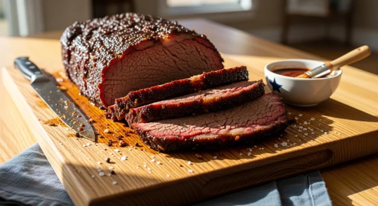 A beautifully lit photograph of a juicy, dark-crusted oven baked beef brisket sliced against the grain on a wooden cutting board, surrounded by coarse salt and a small bowl of BBQ sauce in a sunlit kitchen.