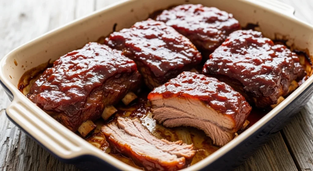 A naturally lit, appetizing close-up of baked country style pork ribs on a white ceramic plate, showing off the slow roasted pork ribs' rich mahogany exterior and tender, pull-apart meat.