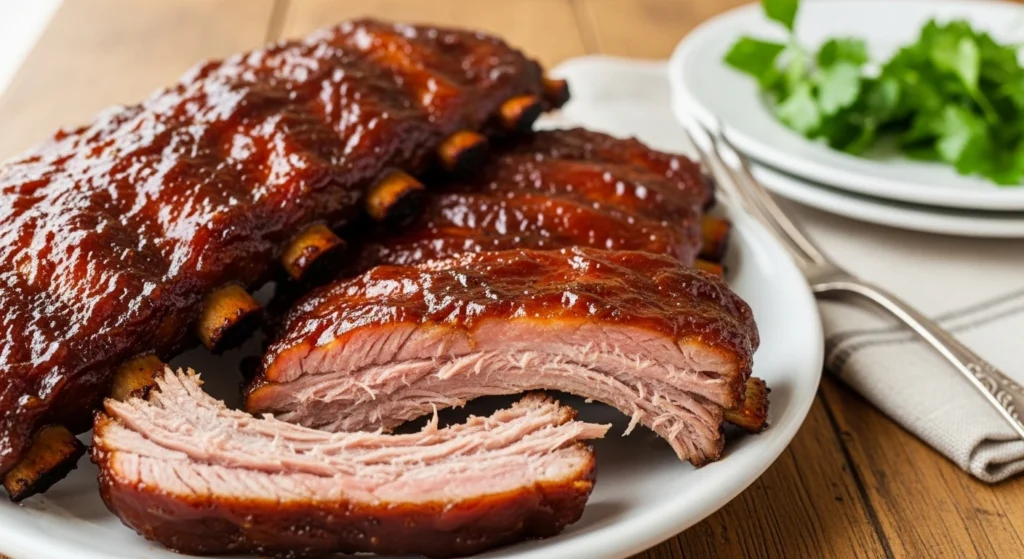 A brightly lit, overhead photograph of tender BBQ country style pork ribs piled high on a rustic blue serving platter, beautifully garnished with fresh green chives and coarse sea salt.