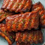 A close-up, appetizing photo of oven roasted country style pork ribs resting in a ceramic baking dish, with one piece cut open to showcase the incredibly juicy, tender meat and sticky caramelized glaze.