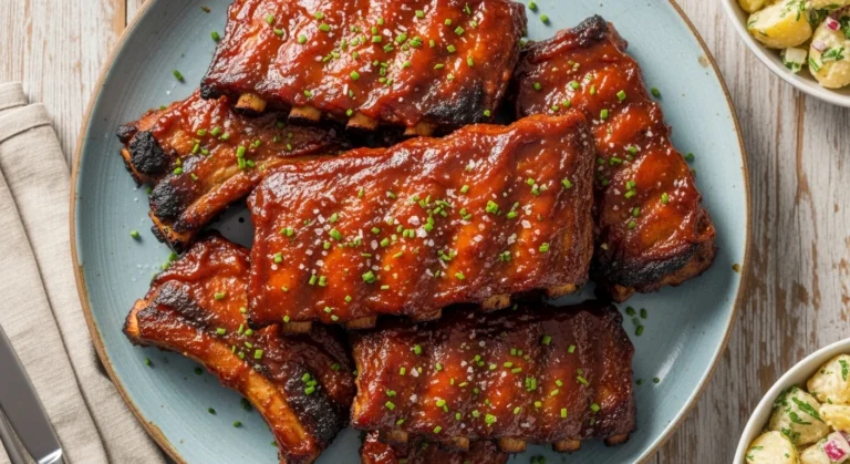 A close-up, appetizing photo of oven roasted country style pork ribs resting in a ceramic baking dish, with one piece cut open to showcase the incredibly juicy, tender meat and sticky caramelized glaze.
