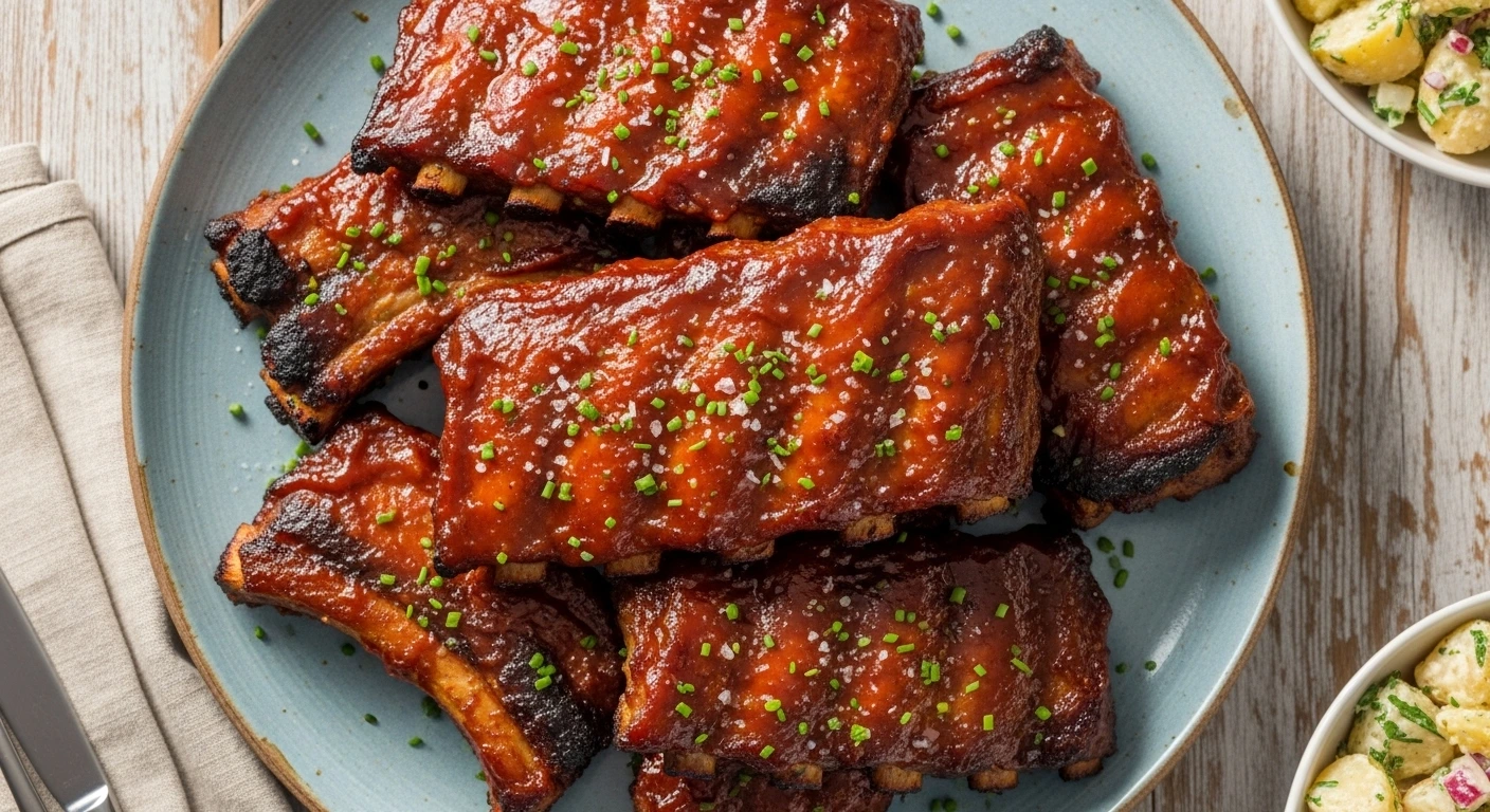 A close-up, appetizing photo of oven roasted country style pork ribs resting in a ceramic baking dish, with one piece cut open to showcase the incredibly juicy, tender meat and sticky caramelized glaze.