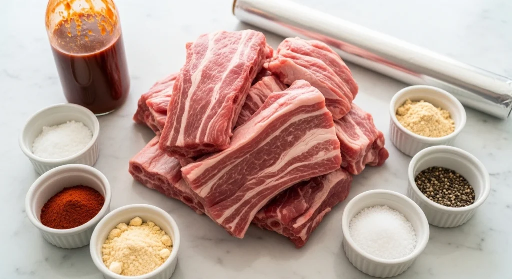 A clean, natural photo displaying the ingredients for an easy country style pork ribs recipe, featuring a stack of raw marbled pork, a bottle of BBQ sauce, aluminum foil, and small bowls of savory spices on a marble kitchen counter.