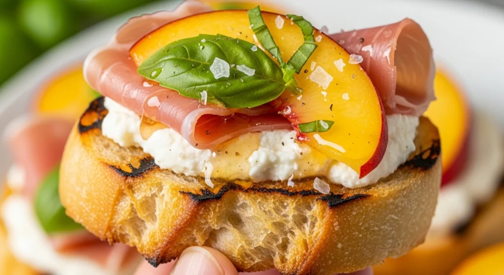 A close-up macro shot of a delicious peach and prosciutto crostini with a bite taken out, showing the crispy grilled bread texture, whipped ricotta, and sweet stone fruit.