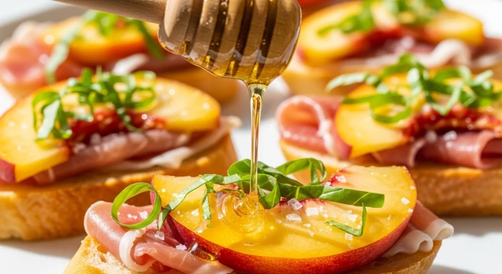 A mouth-watering close-up of a wooden honey dipper drizzling sweet honey over a grilled peach crostini with honey, fresh basil, flaky sea salt, and sliced prosciutto.