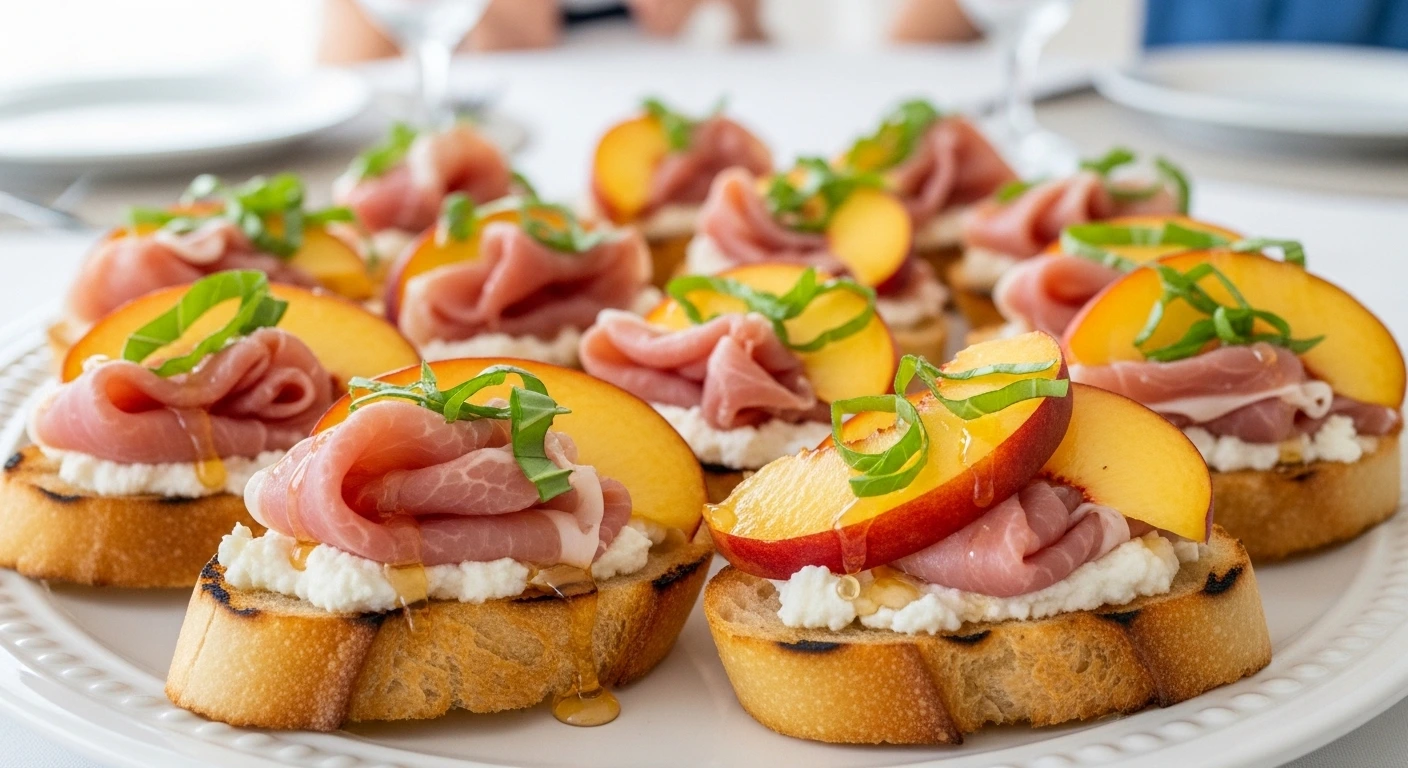 A beautiful white ceramic platter filled with easy summer appetizers: perfectly assembled peach and prosciutto crostini topped with fresh green basil and a drizzle of honey.