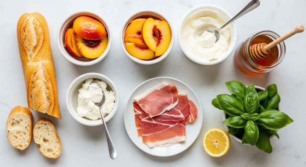 An overhead flat lay of fresh ingredients for peach and prosciutto crostini on a white marble counter, including sliced peaches, a crusty baguette, prosciutto, whole milk ricotta, basil, honey, and lemon.