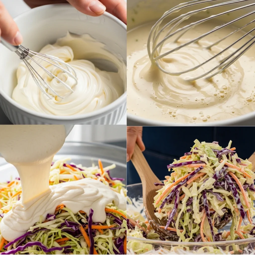 A four-part photo collage showing the step-by-step process of making creamy coleslaw, including whisking the homemade coleslaw dressing, pouring it over the cabbage mix, and tossing to coat.