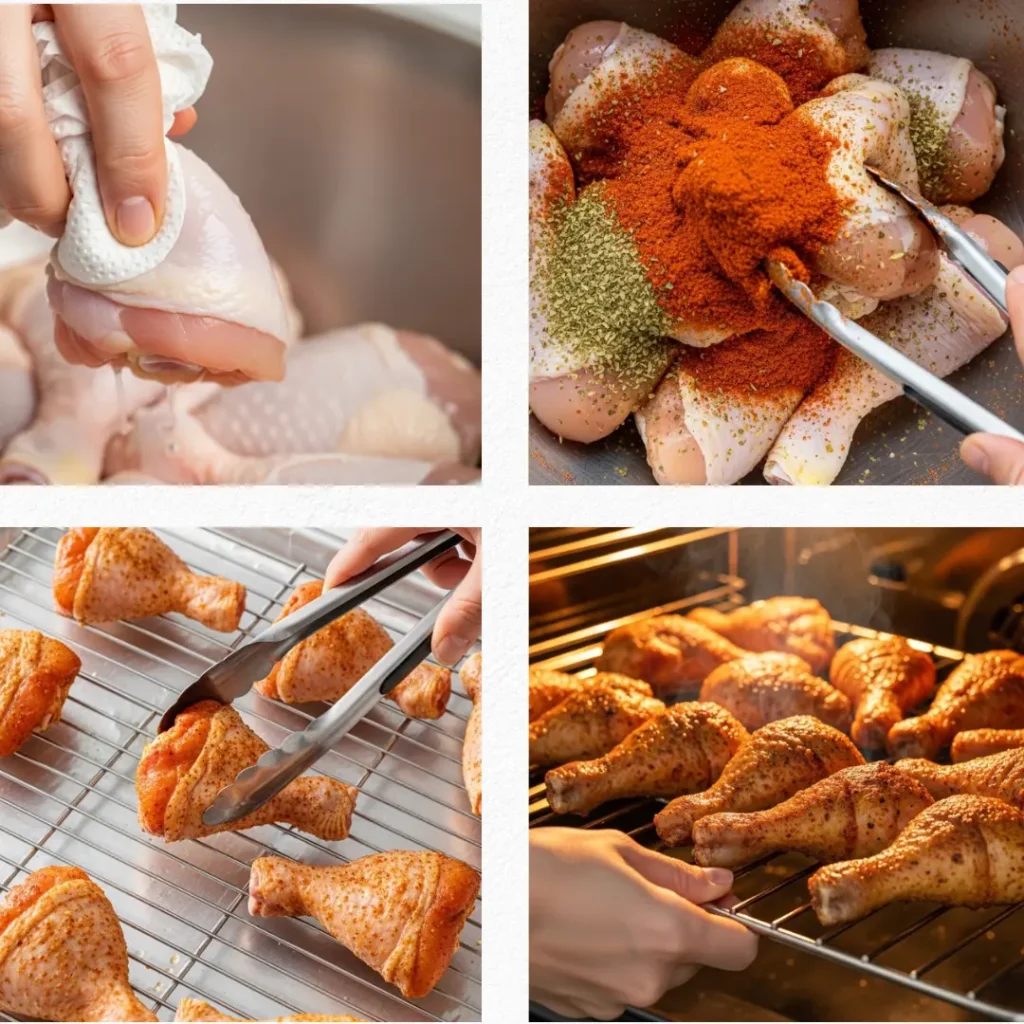 A four-part process photo showing how to make seasoned crispy chicken drumsticks: patting the raw chicken dry with a paper towel, tossing it heavily with spices, arranging it on a wire rack with tongs, and baking it until golden brown in the oven.