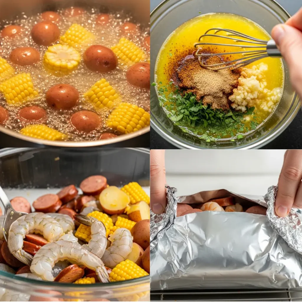 A four-panel collage showing the step-by-step process for making an oven baked seafood boil: boiling baby potatoes and corn, whisking a spicy garlic butter sauce, tossing raw shrimp and sausage together, and carefully sealing the aluminum foil packets.