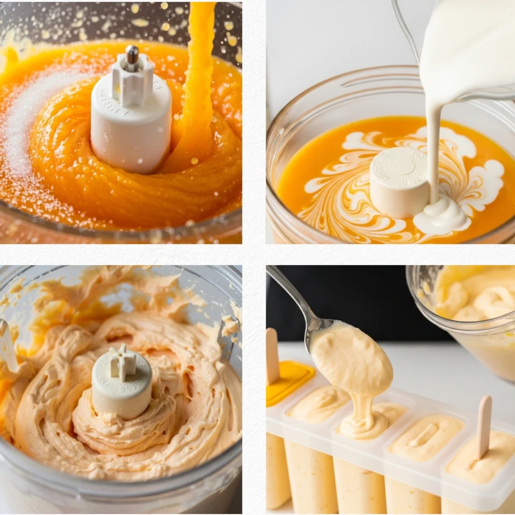 A four-part process photo showing how to make 5 ingredient treats: blending mandarin oranges with sugar, adding heavy whipping cream, showing the thick whipped texture, and carefully spooning the creamsicle mixture into molds.