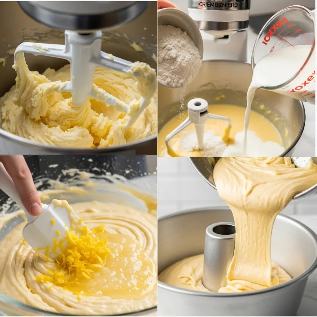 A bright, four-part photo collage showing the step-by-step process of making a lemon pound cake from scratch, including creaming the butter and shortening, alternating wet and dry ingredients, folding in fresh lemon zest, and pouring the dense batter into a tube pan.