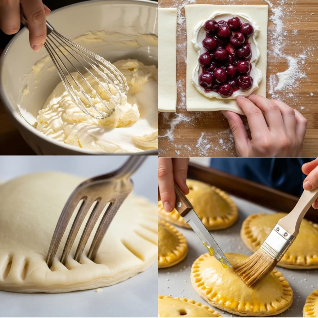 A four-step process collage showing how to make cherry turnovers with puff pastry: whisking the cream cheese mixture, layering the cherry filling on the pastry, crimping the edges with a fork, and brushing the dough with an egg wash.
