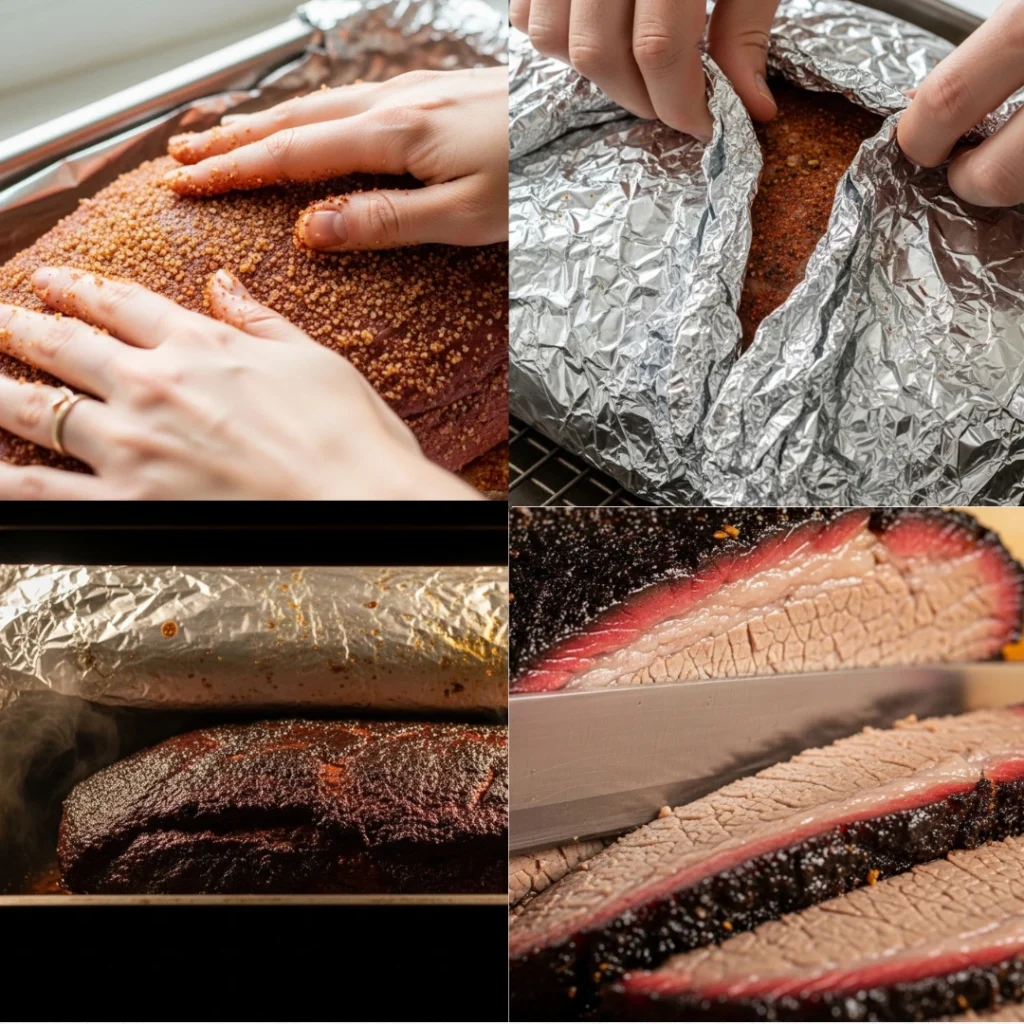 A four-panel collage showing the step-by-step process for making brisket: massaging the beef brisket dry rub recipe onto the raw meat, cooking brisket in foil, caramelizing it in the oven, and slicing the finished tender beef against the grain.