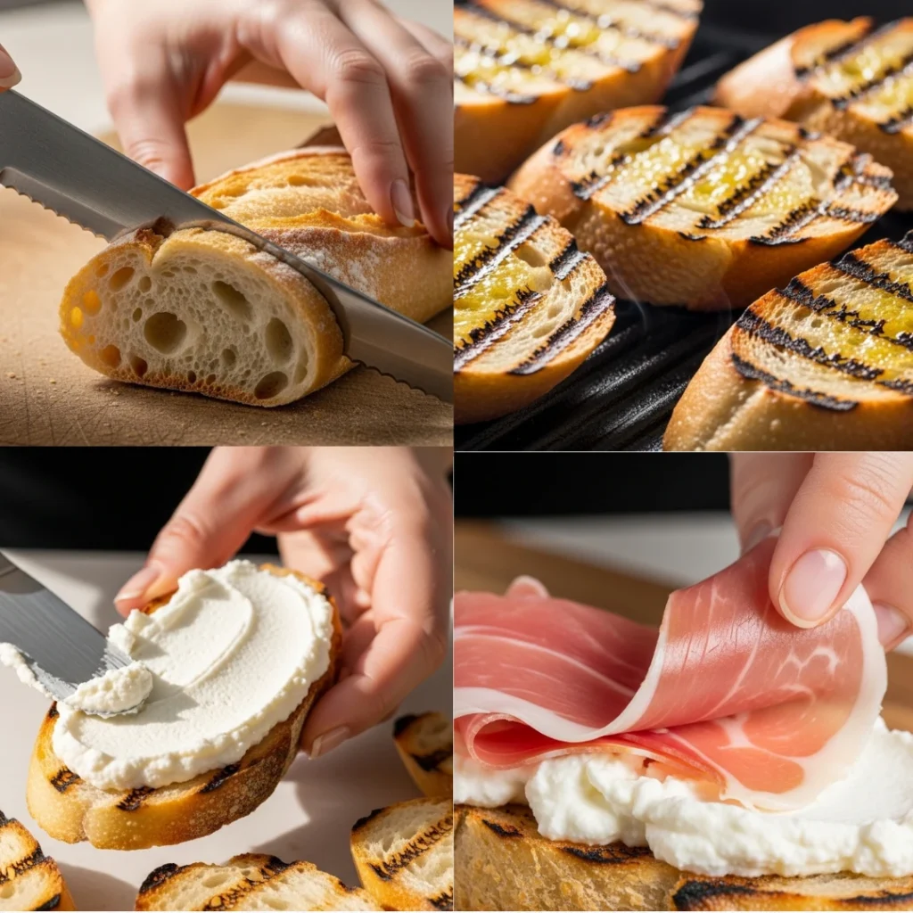 A four-step collage showing how to make peach ricotta crostini: slicing a French baguette, grilling the bread until charred, spreading creamy ricotta cheese, and layering folded prosciutto.