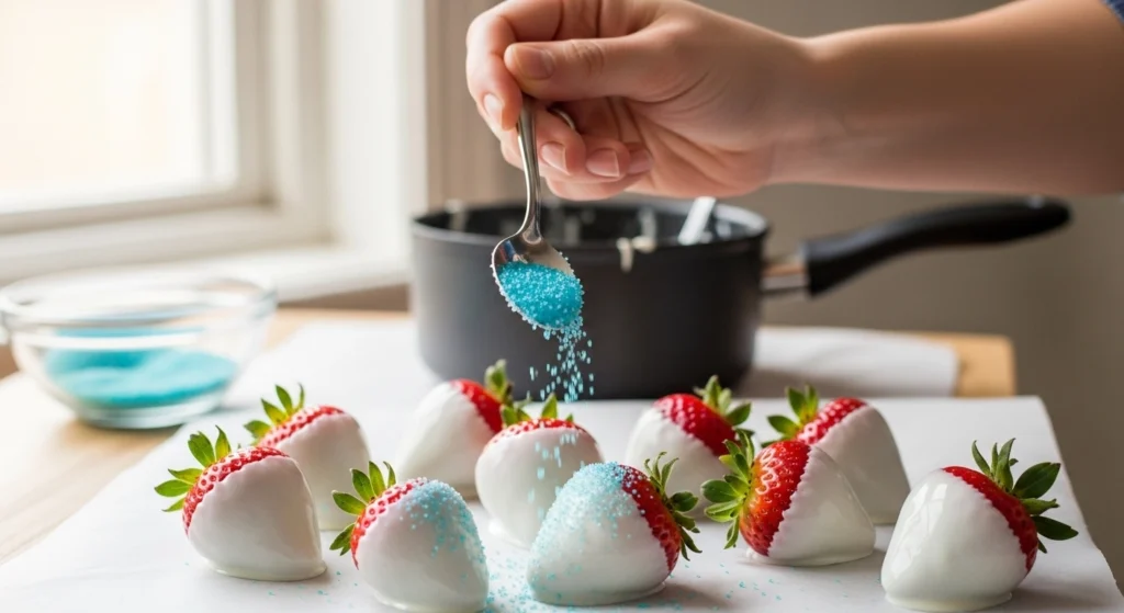 dynamic close-up action shot of a hand using a small spoon to sprinkle vibrant blue sugar for strawberries over freshly coated white chocolate dipped strawberries resting on parchment paper.