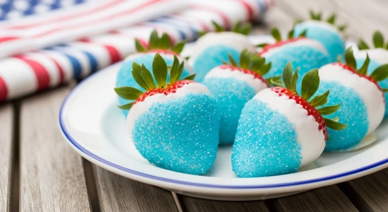 A candid, beautifully lit close-up of a 4th of July dipped strawberry being held over a small bowl, showcasing the vibrant contrast between the red fruit, smooth white chocolate, and sparkly blue sugar.