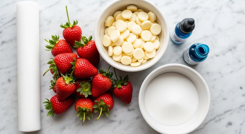 An overhead flat-lay photograph on a white marble counter displaying the fresh ingredients needed to make red white and blue berries, including whole strawberries, white chocolate wafers, granulated sugar, and blue food coloring.
