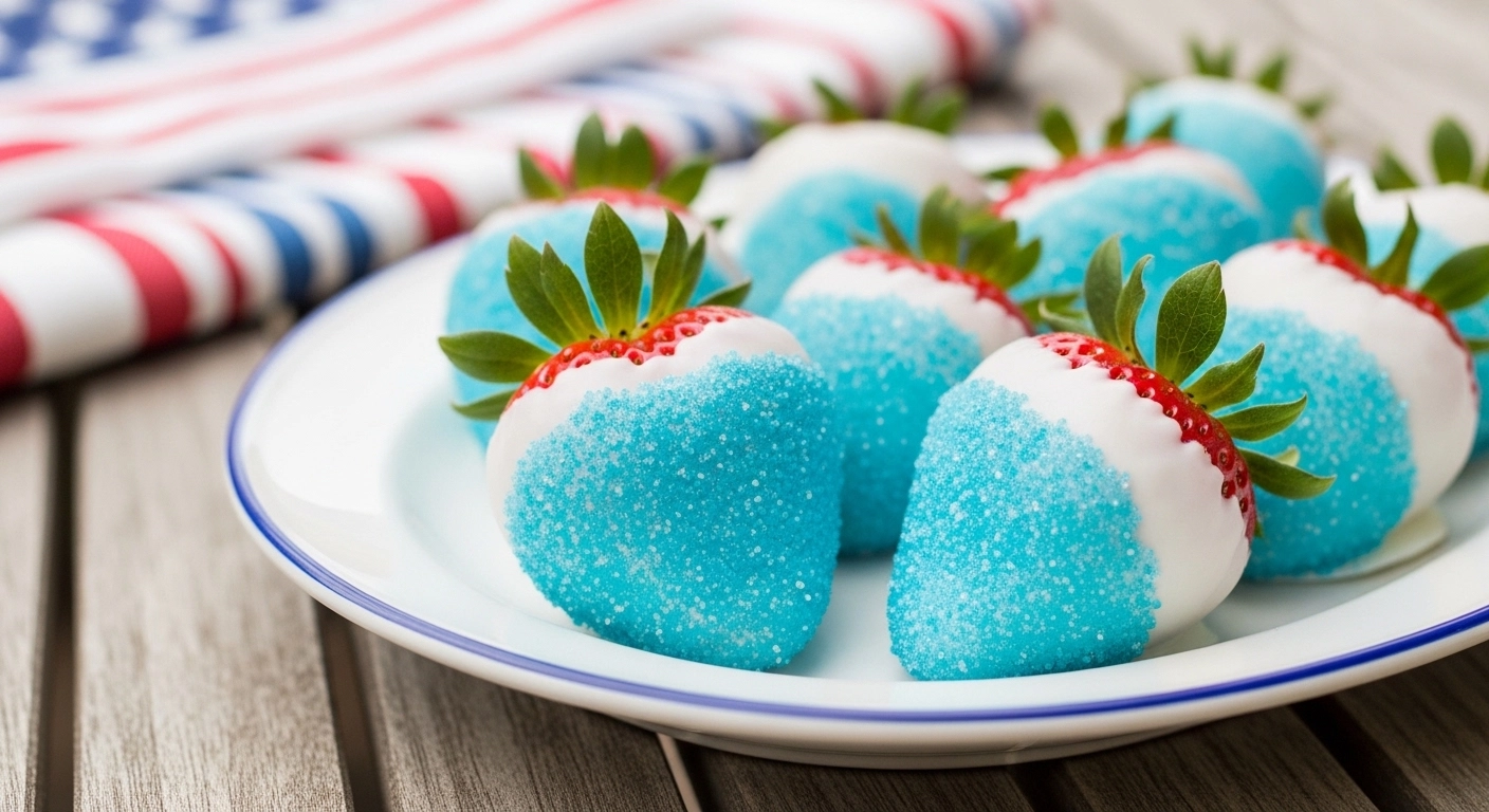 A candid, beautifully lit close-up of a 4th of July dipped strawberry being held over a small bowl, showcasing the vibrant contrast between the red fruit, smooth white chocolate, and sparkly blue sugar.