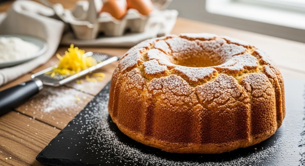 A candid, close-up photo of a thick slice of moist lemon pound cake resting on a rustic ceramic plate on a wooden table, perfectly showcasing its dense, vibrant yellow crumb and slightly crisp golden-brown crust.
