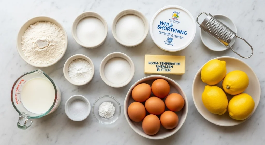 A clean, bright overhead flat lay on a white marble counter displaying the raw ingredients needed for a homemade lemon pound cake, including fresh lemons, butter, vegetable shortening, eggs, flour, and a glass measuring cup of milk.
