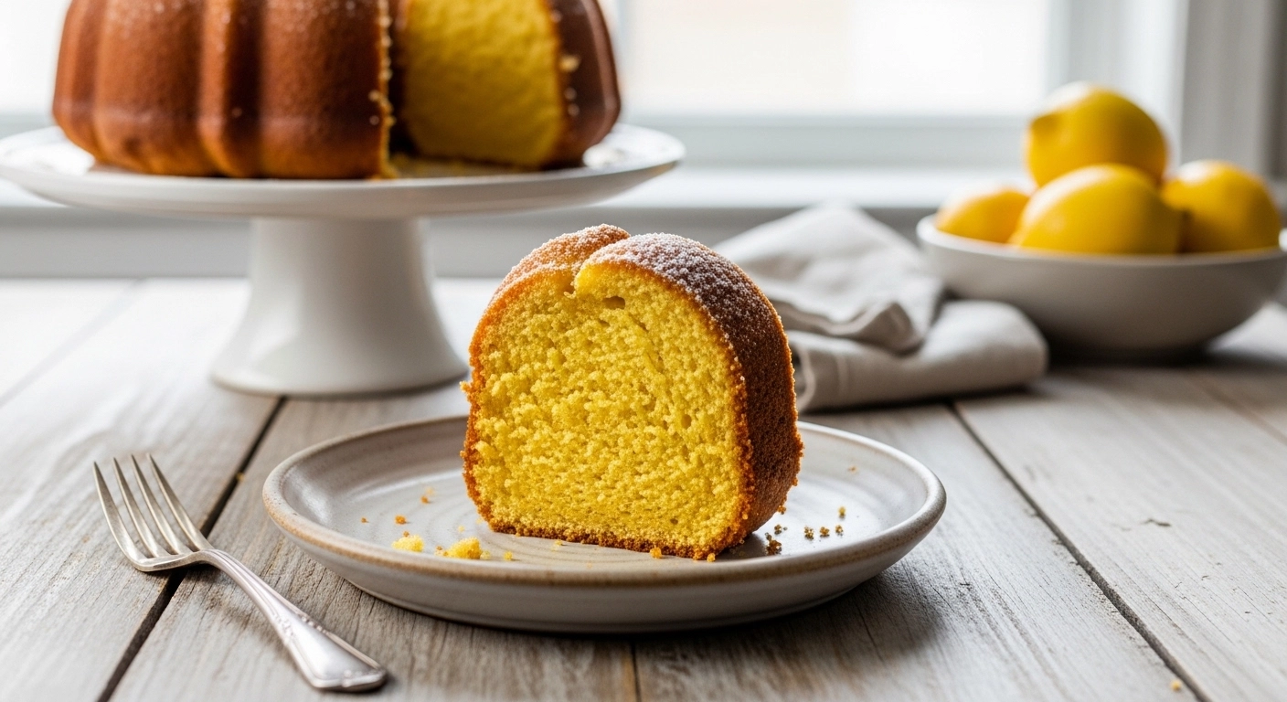 A beautifully baked 1920 Famous Ritz Carlton lemon pound cake, lightly dusted with powdered sugar and resting on a dark slate board. Fresh lemons and a microplane zester sit in the soft, brightly lit background.