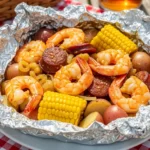 A candid, beautifully lit close-up photograph of an open Seafood Boil Foil Packet resting on a wooden table, bursting with juicy jumbo shrimp, smoky sausage, buttery yellow corn, and red potatoes swimming in a rich, seasoned garlic butter sauce.
