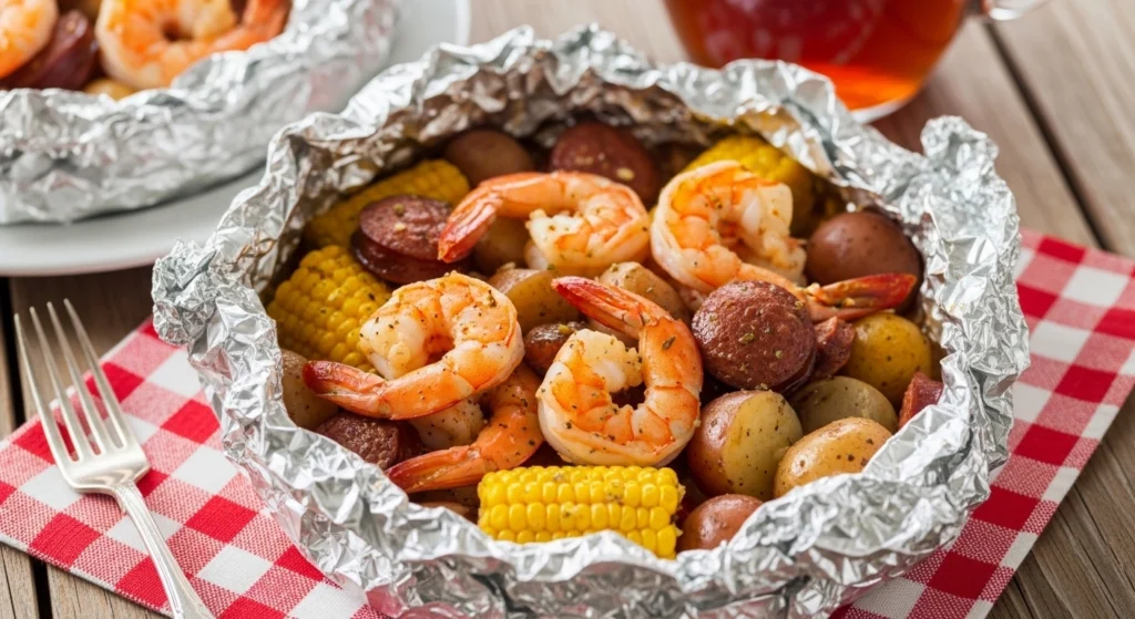 A hearty serving of a shrimp and sausage boil inside an open aluminum foil packet, showcasing perfectly pink shrimp, tender corn, and red potatoes coated in Cajun spices on a red and white checkered tablecloth.