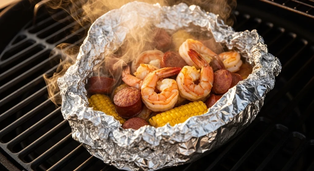 An open, steaming aluminum foil packet of Cajun seafood boil sitting directly on a backyard grill grate, showcasing juicy shrimp, corn, and sausage sizzling in the warm sunset light for perfect grilled seafood packets.