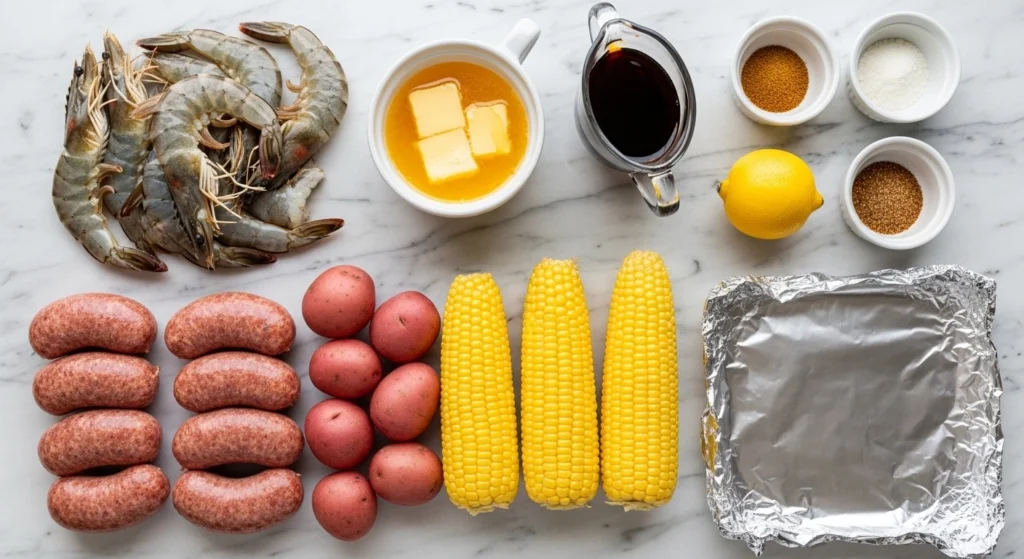 An overhead flat-lay photo displaying the fresh ingredients to make easy shrimp foil packets, including raw jumbo shrimp, sausage links, red baby potatoes, whole ears of corn, butter, a fresh lemon, and spices on a white marble counter.