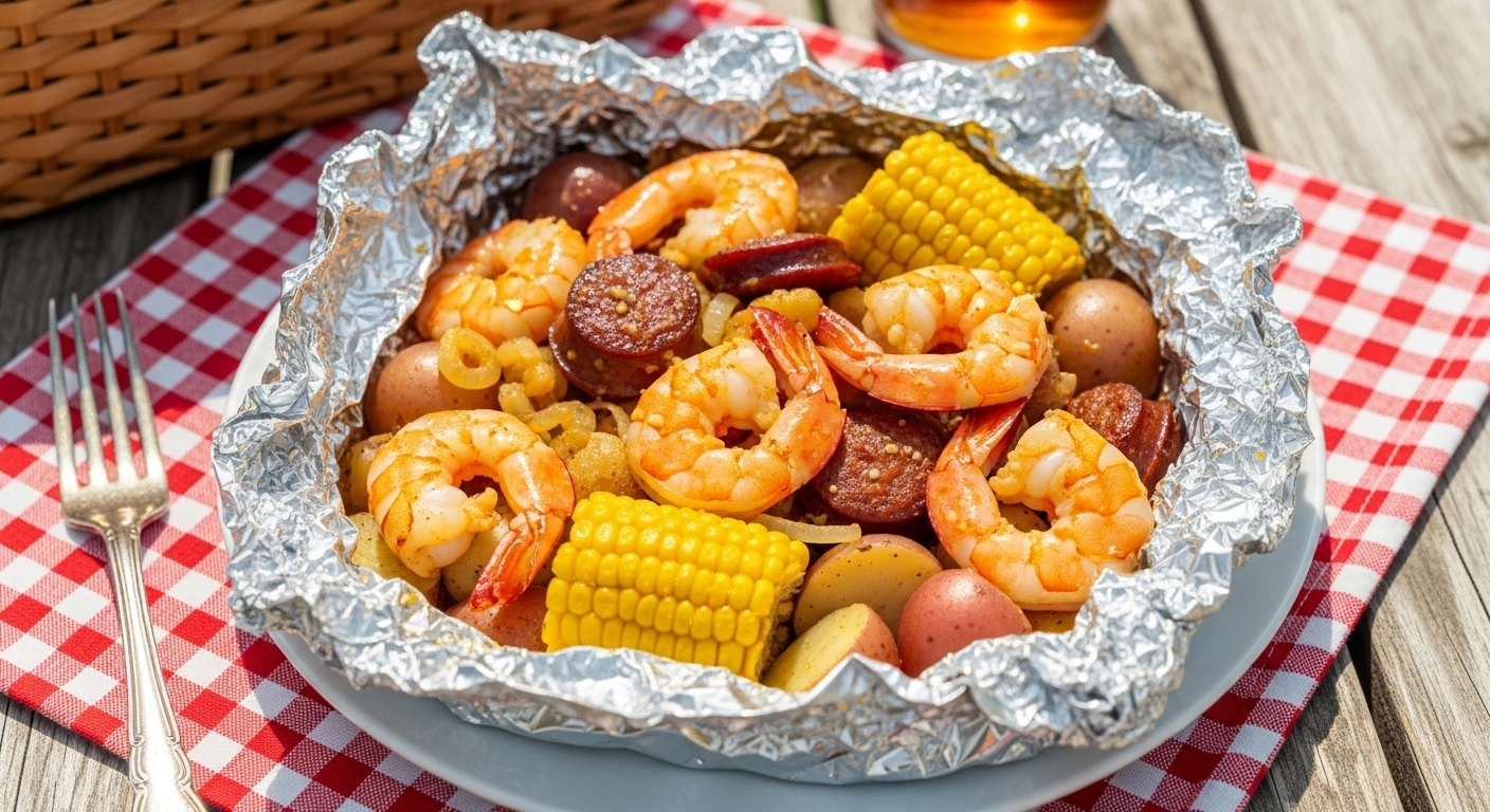 A candid, beautifully lit close-up photograph of an open Seafood Boil Foil Packet resting on a wooden table, bursting with juicy jumbo shrimp, smoky sausage, buttery yellow corn, and red potatoes swimming in a rich, seasoned garlic butter sauce.