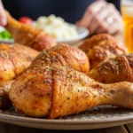 A candid, natural human-shot aesthetic photo of golden, seasoned crispy chicken drumsticks resting on a textured ceramic platter, with a hand reaching for one alongside a plate of mashed potatoes and a glass of iced tea.