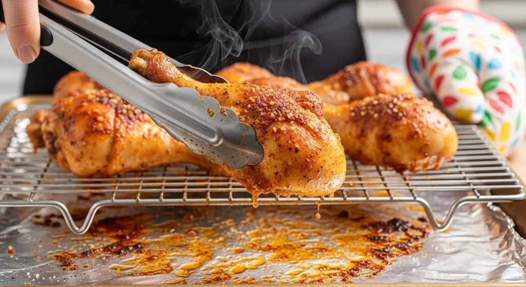 A beautifully lit, appetizing photo of a platter filled with freshly baked chicken drumsticks garnished with fresh green herbs, served as an easy weeknight chicken recipe alongside creamy mashed potatoes.