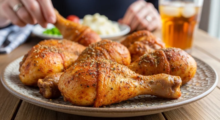 A candid, natural human-shot aesthetic photo of golden, seasoned crispy chicken drumsticks resting on a textured ceramic platter, with a hand reaching for one alongside a plate of mashed potatoes and a glass of iced tea.