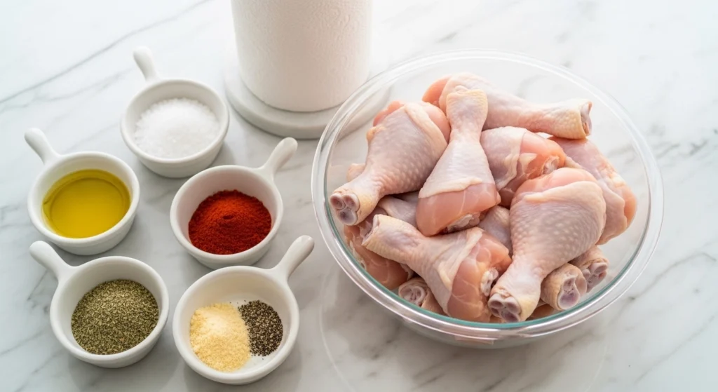 A bright overhead shot of the ingredients needed for a healthy chicken drumstick recipe, including raw chicken legs in a glass bowl, olive oil, paper towels, and small dishes of savory spices on a marble kitchen counter.