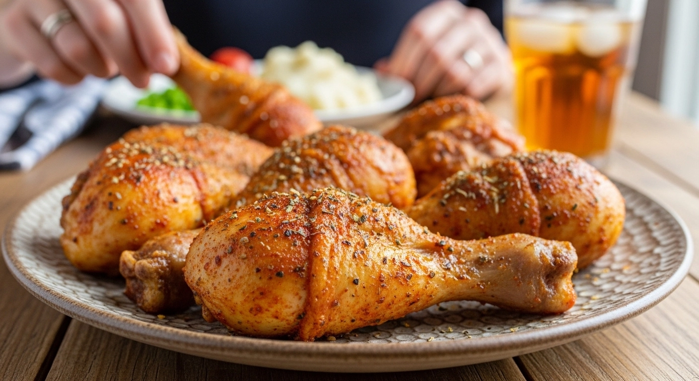A candid, natural human-shot aesthetic photo of golden, seasoned crispy chicken drumsticks resting on a textured ceramic platter, with a hand reaching for one alongside a plate of mashed potatoes and a glass of iced tea.