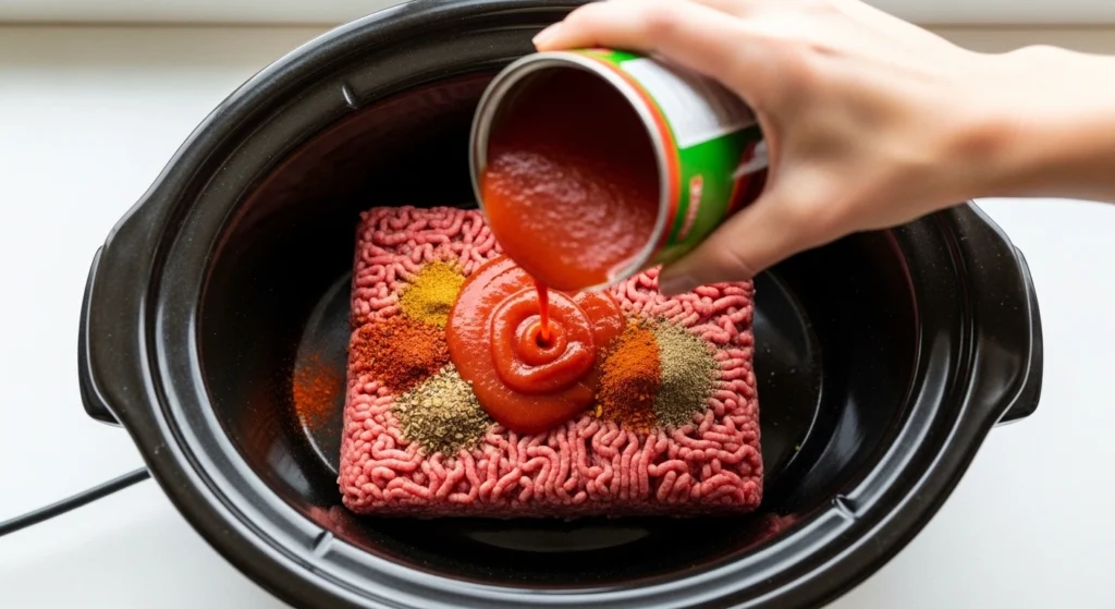 A top-down action photo of a hand pouring a can of rich tomato sauce over a block of raw lean ground beef and vibrant spices inside a slow cooker to make easy hot dog chili with ground beef.