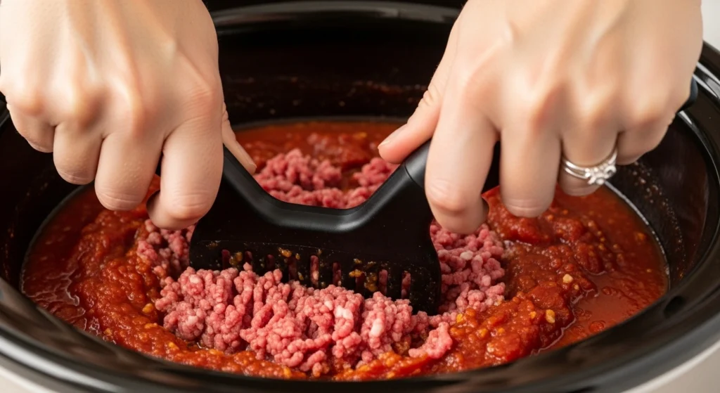A close-up action shot of hands using a black meat chopper tool to aggressively break up raw ground beef into the tomato sauce inside a pot for a simple crockpot hot dog chili recipe.