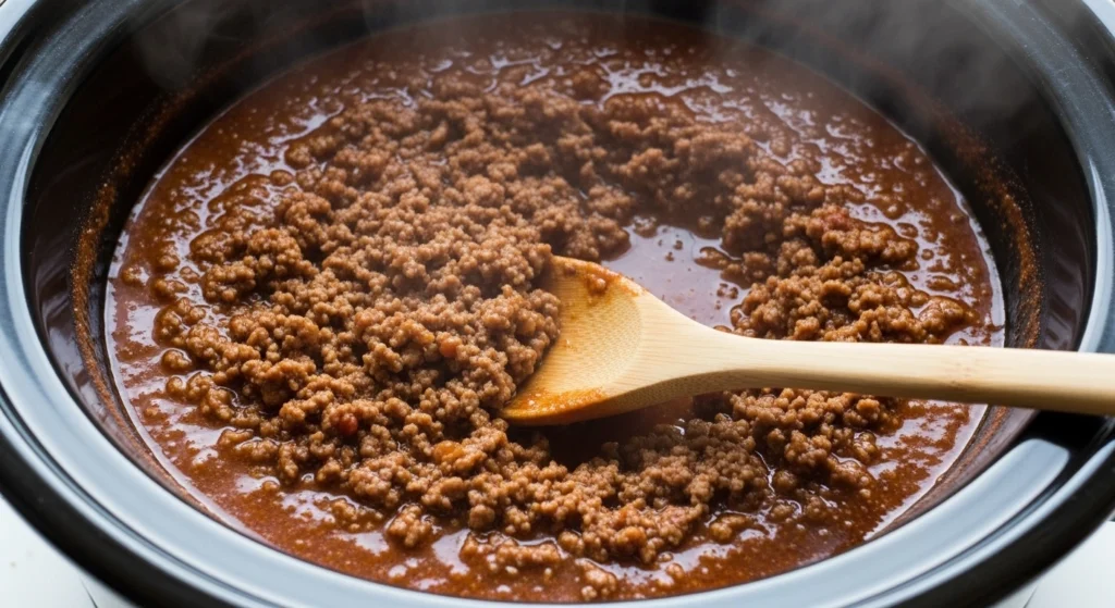 A warm, close-up photo looking directly inside a slow cooker at a batch of steaming, finely crumbled homemade hot dog chili sauce being stirred with a light wooden spoon.
