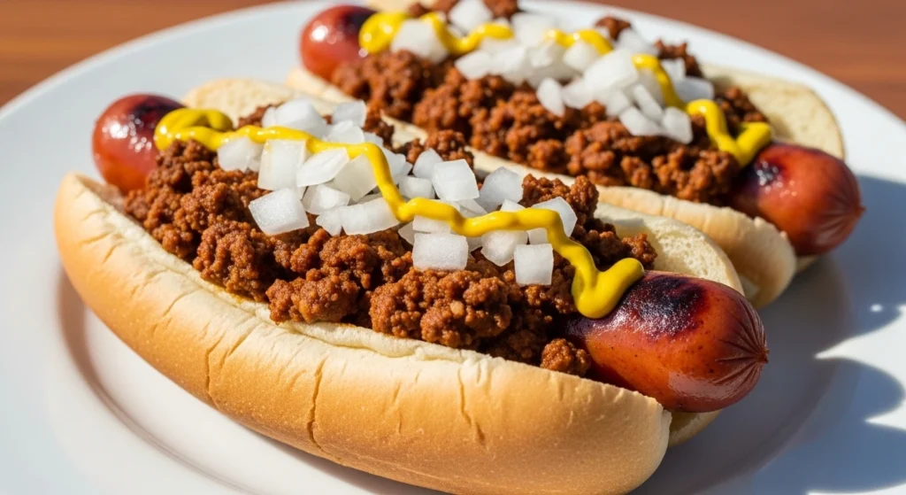 A perfectly centered, overhead flat-lay photo of a single neat chili dog topped with rich Coney Island style hot dog chili, symmetrical mustard zigzags, and diced onions on a modern black plate with a blue napkin.