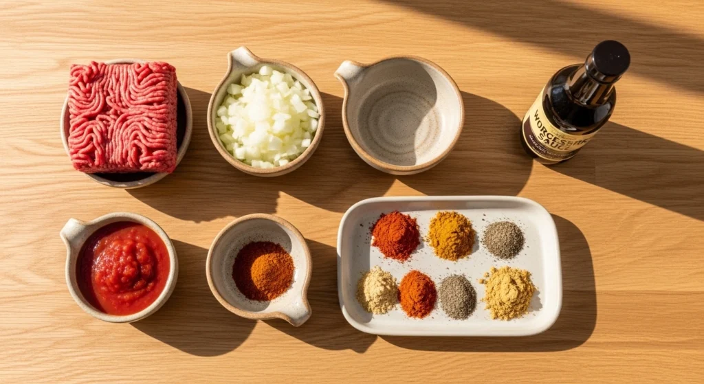 An overhead flat-lay photo displaying the fresh ingredients for slow cooker hot dog chili, including a block of lean ground beef, diced white onions, tomato sauce, Worcestershire sauce, and a tray of vibrant spices on a wooden counter.