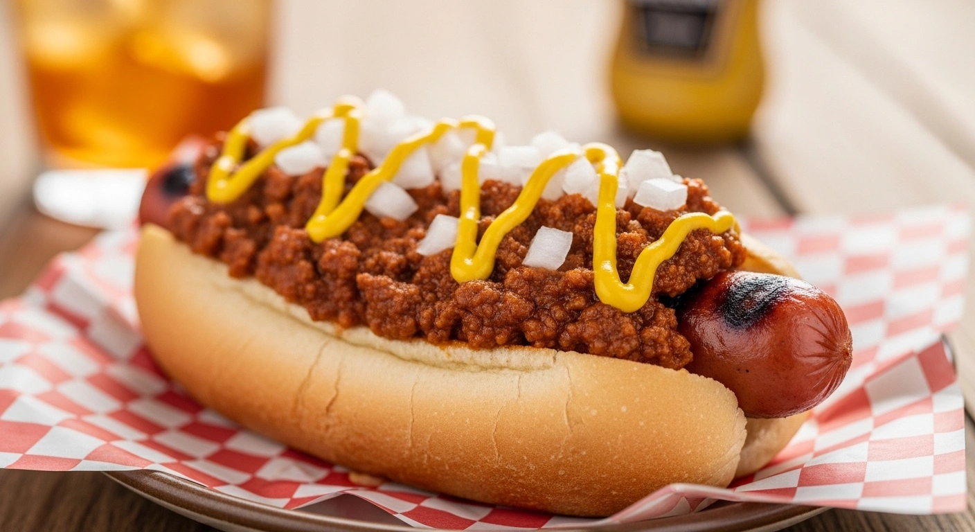 A close-up, sunlit photo of two grilled hot dogs in soft buns, generously topped with savory slow cooker hot dog chili, diced white onions, and bright yellow mustard on a clean white plate.