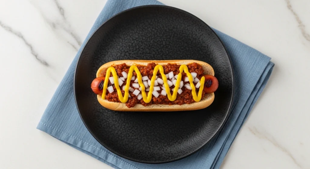A sunlit photograph of a metal tray loaded with four messy, fully loaded chili dogs smothered in beef chili, mustard, and onions, perfect for serving hot dog chili for a crowd at a game day party.