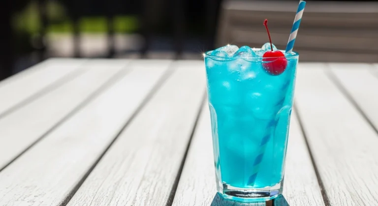 A clear, condensation-covered glass filled with a bright blue copycat Sonic Ocean Water recipe, topped with ice and a red cherry, sitting on a white wooden patio table in the bright sun.