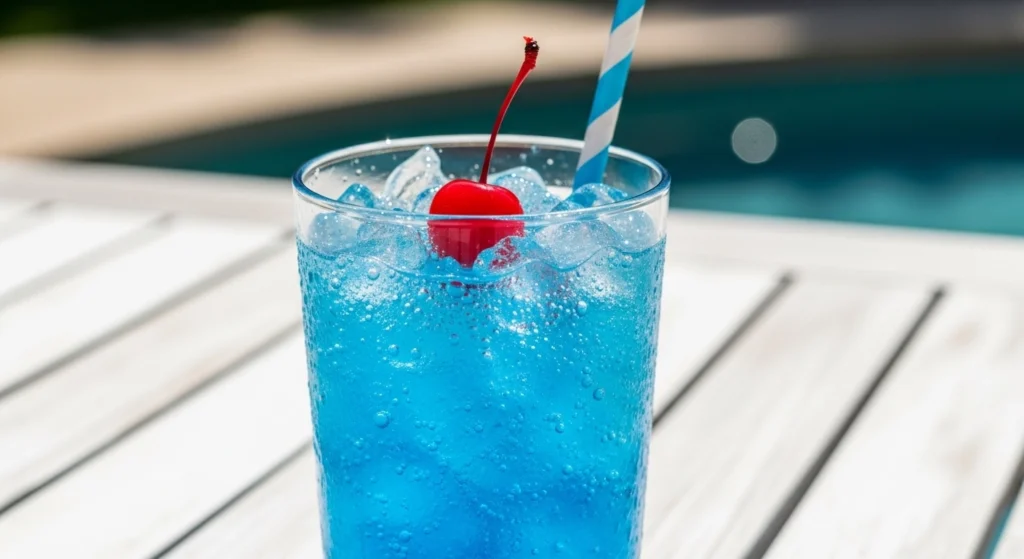 A collage of three overhead views of a bright blue homemade Sonic drinks recipe, highlighting the clear ice, floating red maraschino cherries, and blue and white striped straws.