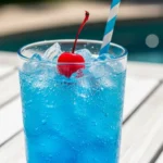 A collage of three overhead views of a bright blue homemade Sonic drinks recipe, highlighting the clear ice, floating red maraschino cherries, and blue and white striped straws.